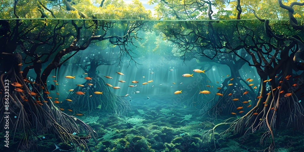 Obraz premium Lush Mangrove Forest with Vibrant Underwater Life Teeming Among Roots