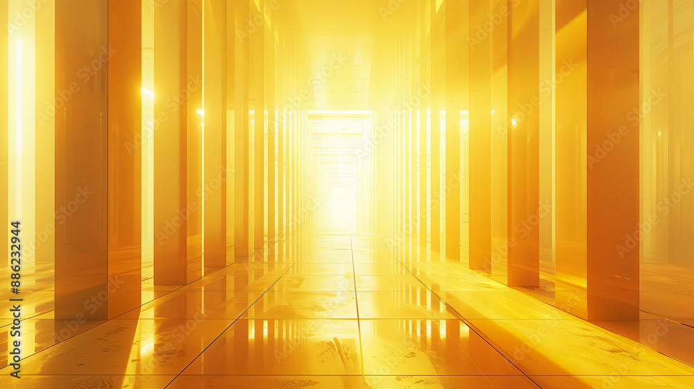 A yellowish space with many vertical stripes. A yellowish space with many vertical stripes.