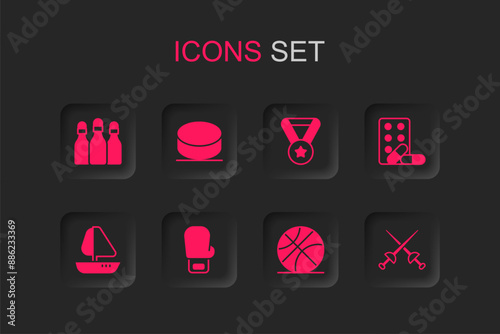 Set Boxing glove, Hockey puck, Bowling pin, Basketball ball, Sports doping with dumbbell, Fencing, Medal and Yacht sailboat icon. Vector