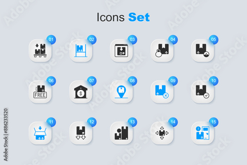 Set Carton cardboard box, Warehouse price, interior with boxes, Home delivery services, Cardboard pallet and Location icon. Vector