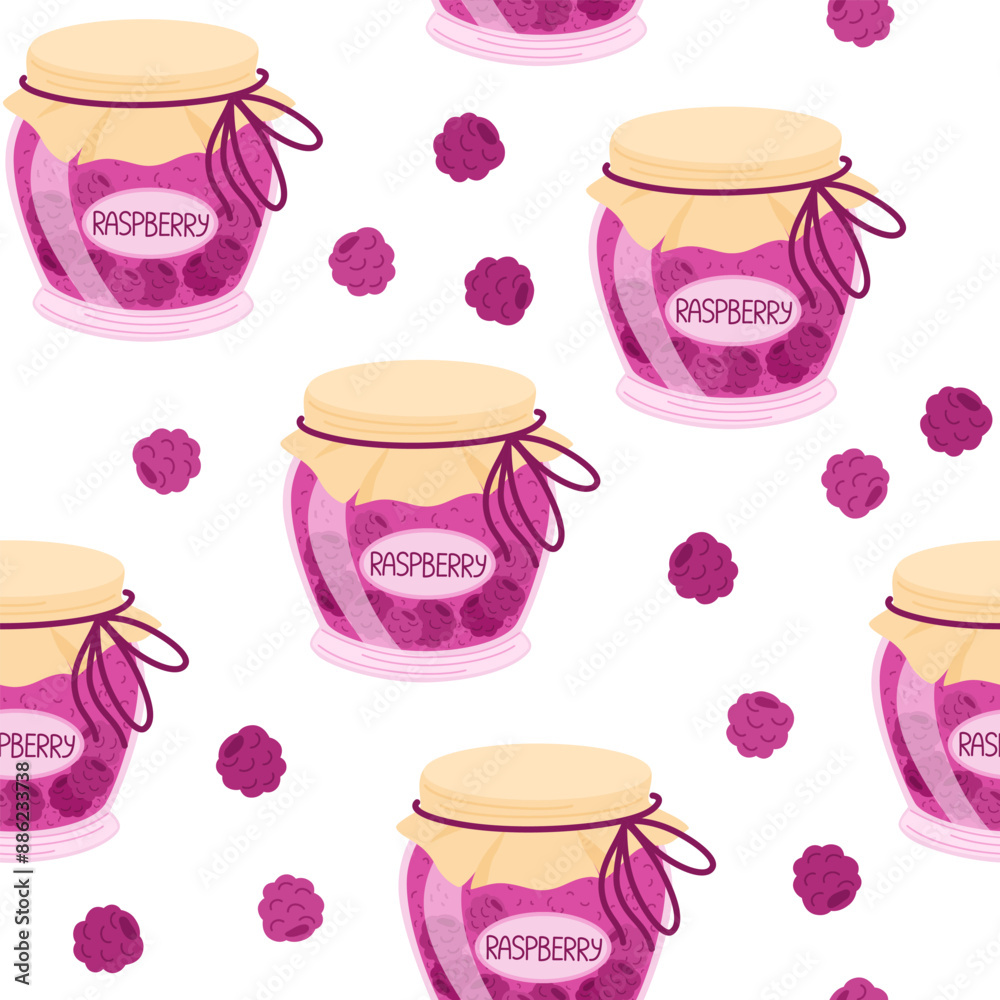 Raspberry jam seamless pattern. Confiture, jelly preserves, homemade marmalade. Endless background, texture, print for wallpaper, textile, wrapping design. Colored flat vector illustration Raspberry jam seamless pattern. Confiture, jelly preserves, homemade marmalade. Endless background, texture, print for wallpaper, textile, wrapping design. Colored flat vector illustration