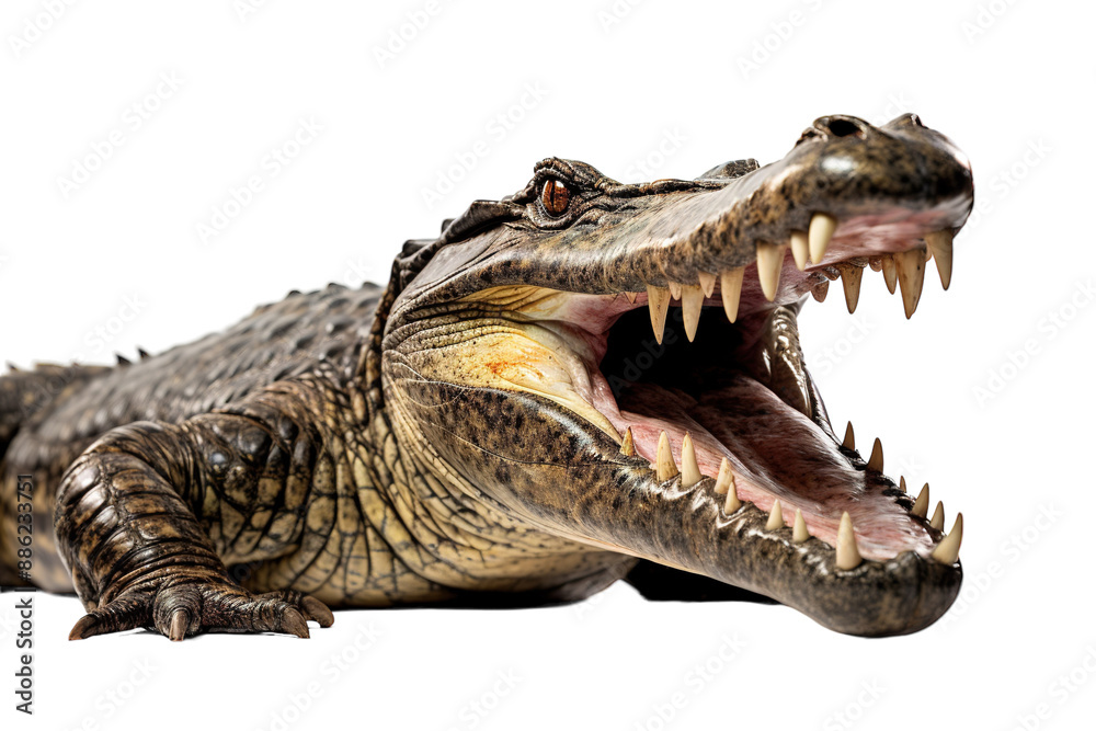A Close-Up Portrait of an American Alligator With Its Mouth Agaping in a Studio Setting on a White or Clear Surface PNG Transparent Background. A Close-Up Portrait of an American Alligator With Its Mouth Agaping in a Studio Setting on a White or Clear Surface PNG Transparent Background.