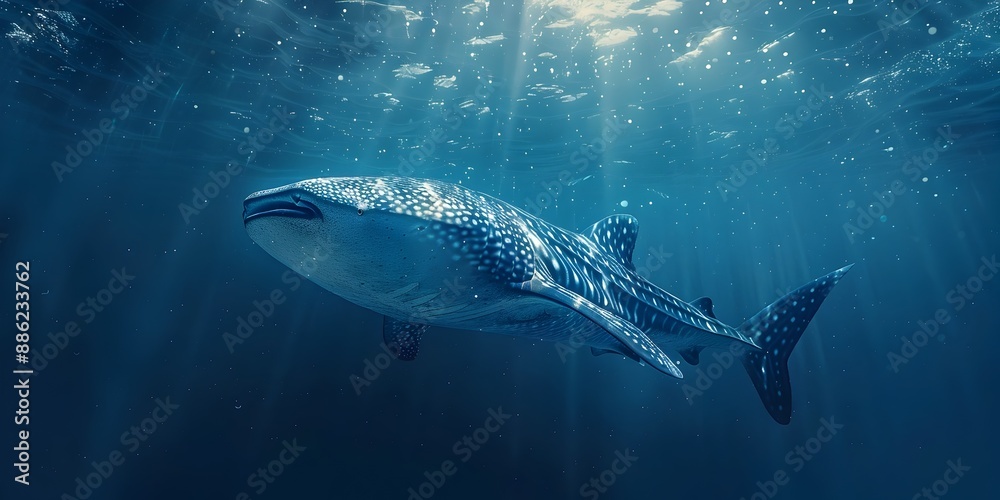 Fototapeta premium Majestic Whale Shark Feeding Near the Serene Ocean Surface in High Detail