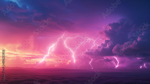 the dynamic energy of a thunderstorm rolling across the plains, where bolts of lightning illuminate the darkened sky, casting an electrifying glow over the landscape.