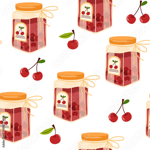 Cherry jam seamless pattern. Confiture, jelly preserves, homemade marmalade. Endless background, texture, print for wallpaper, textile, wrapping design. Colored flat vector illustration