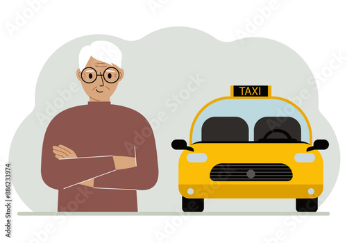 A old man with his arms crossed near a yellow taxi car. Vector flat illustration