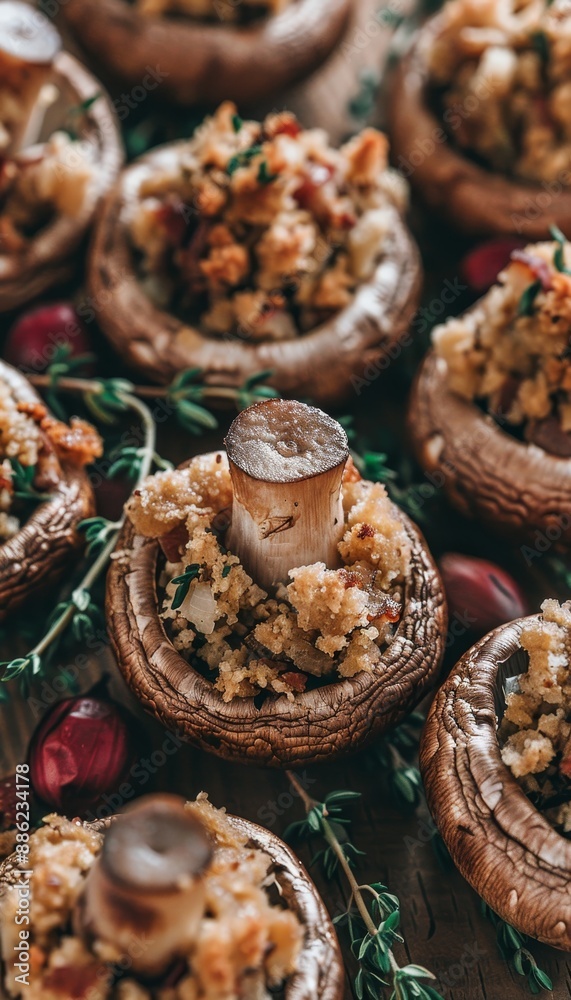 Close-Up of Delicious Stuffed Mushrooms with Fresh Herbs for Flavorful Holiday Appetizer. Close-Up of Delicious Stuffed Mushrooms with Fresh Herbs for Flavorful Holiday Appetizer.