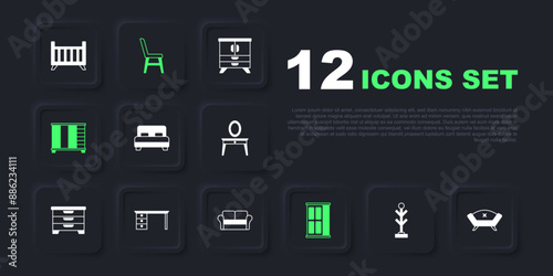 Set Coat stand, Sofa, Big bed, Wardrobe, Office desk, Chair and icon. Vector