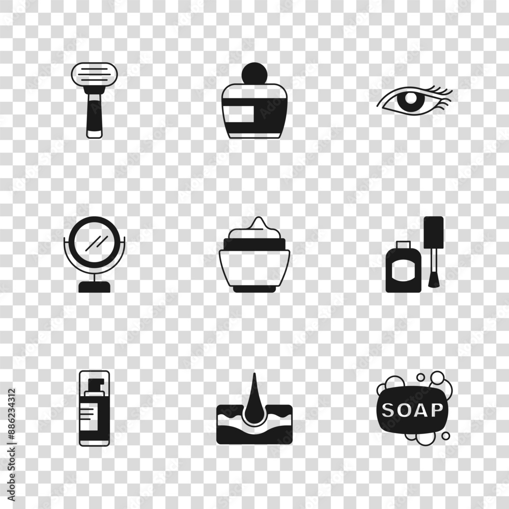 Set Human hair follicle, Bottle of nail polish, Bar soap, Cream or lotion cosmetic tube, Woman eye, Shaving razor, and Round makeup mirror icon. Vector Set Human hair follicle, Bottle of nail polish, Bar soap, Cream or lotion cosmetic tube, Woman eye, Shaving razor, and Round makeup mirror icon. Vector