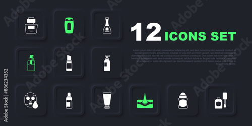 Set Deodorant roll, Bottle of nail polish, Lipstick, Human hair follicle, liquid soap, Essential oil bottle, shampoo and Cream lotion cosmetic tube icon. Vector