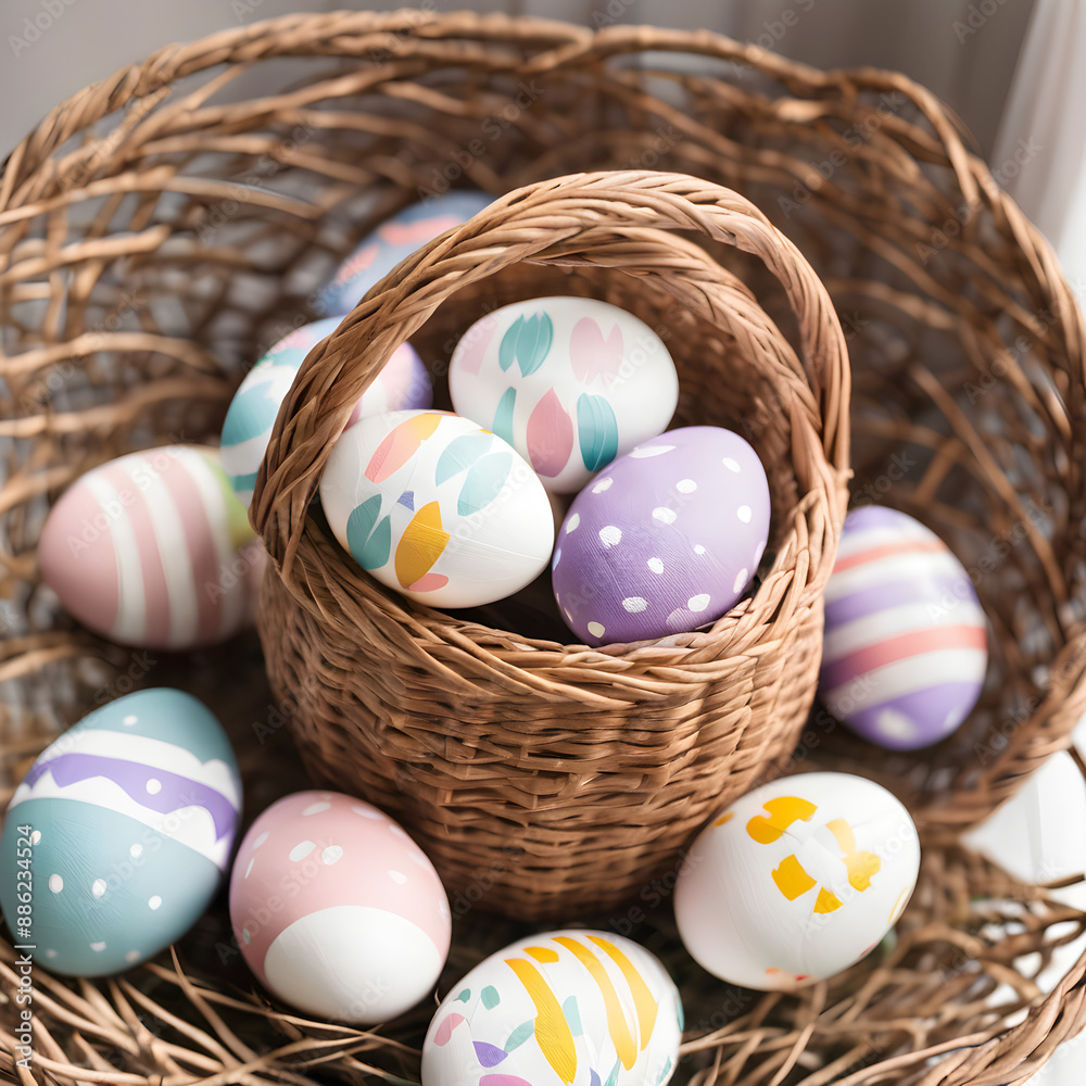 A woven Easter basket filled with eggs on a white background A woven Easter basket filled with eggs on a white background