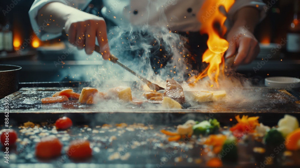 Chef cooking on a flat-top grill with flames and steam, preparing meat and vegetables. Chef cooking on a flat-top grill with flames and steam, preparing meat and vegetables.