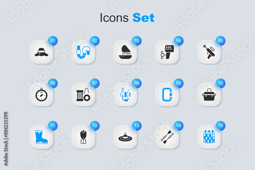 Set Oars or paddles boat, Spinning reel for fishing, Worm, Fishing boots, net pattern, Case box equipment, Fisherman hat and icon. Vector