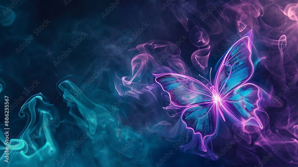 Shining butterfly made of glowing paper on a dark background, gradient purple and turquoise smoke enveloping it, magical, simple, and colorful with a neon touch Shining butterfly made of glowing paper on a dark background, gradient purple and turquoise smoke enveloping it, magical, simple, and colorful with a neon touch
