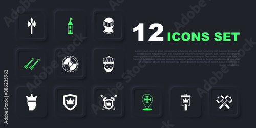 Set Medieval flag, Crossed battle hammers, Round shield, Crusade, arrows, Shield with crown, Castle tower and swords icon. Vector