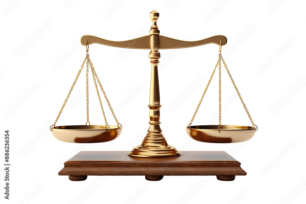 A Golden Scale of Justice, Balancing on a Wooden Base Against a White Background on a White or Clear Surface PNG Transparent Background. A Golden Scale of Justice, Balancing on a Wooden Base Against a White Background on a White or Clear Surface PNG Transparent Background.