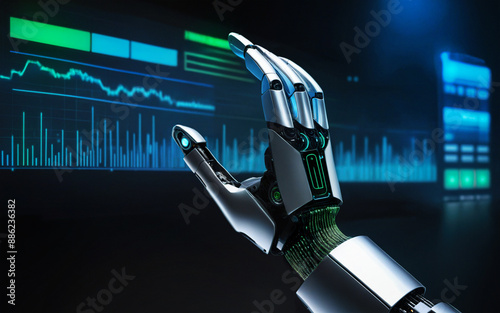 the robot analyzes graphs. artificial intelligence, hand pointing to graph, chart