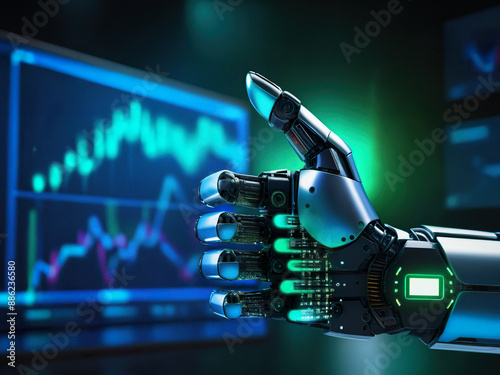 the robot analyzes graphs. artificial intelligence, hand pointing to graph, chart