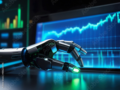 the robot analyzes graphs. artificial intelligence, hand pointing to graph, chart