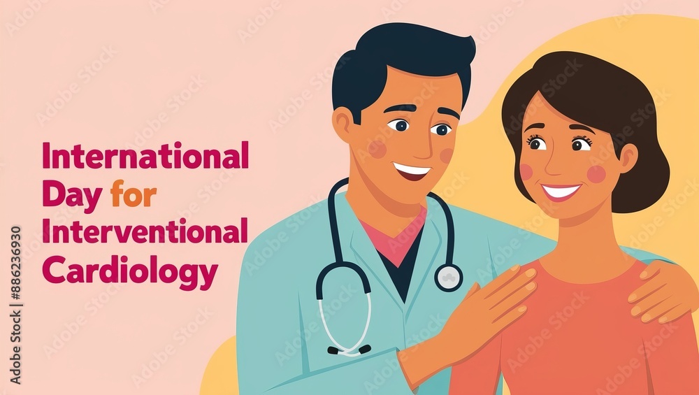 Fototapeta premium Friendly illustration celebrating the International Day for Interventional Cardiology, showing a smiling doctor and happy patients.