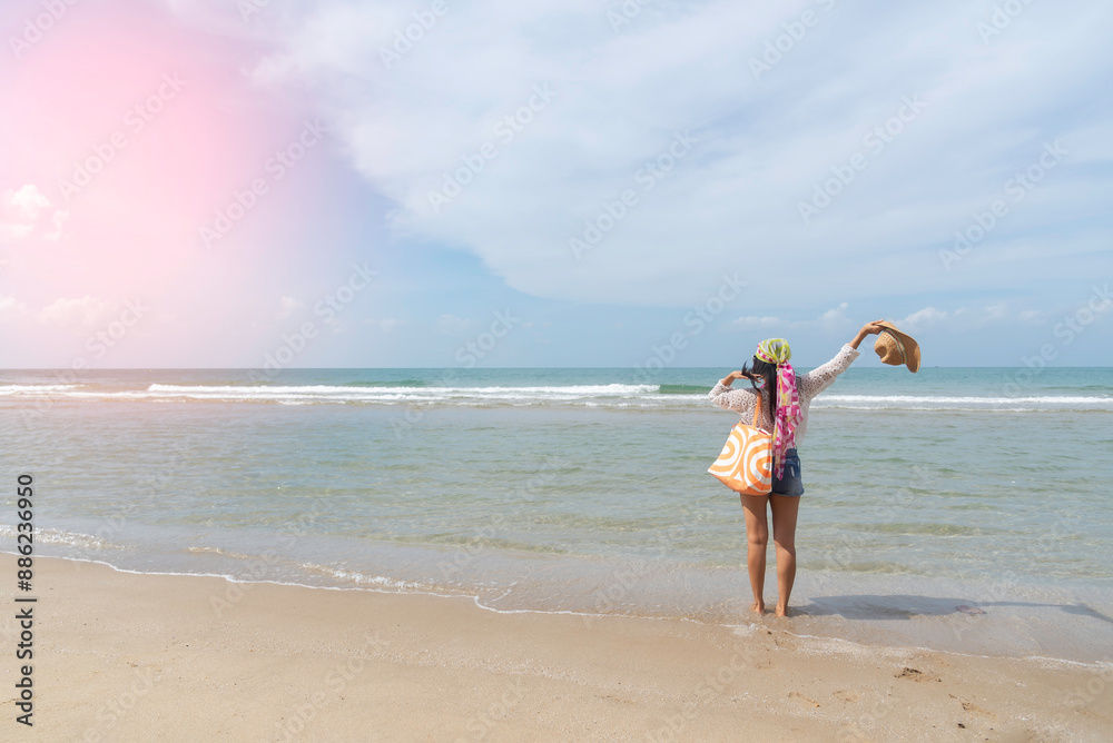 Lifestyle woman and relax chill on beach background. Travel summer vacations, copy space for banner.Summer vacations Lifestyle woman and relax chill on beach background. Travel summer vacations, copy space for banner.Summer vacations
