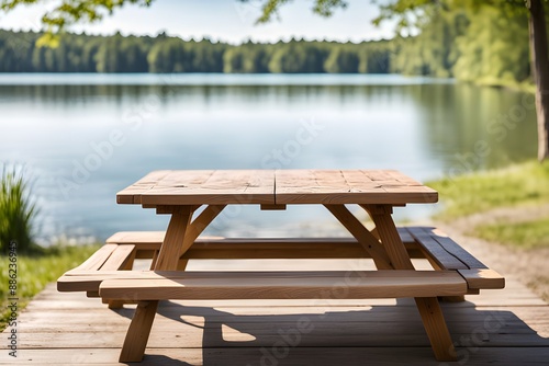 Rustic wooden picnic table near a serene river. Outdoor relaxation with blurred natural backdrop