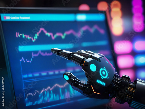 the robot analyzes graphs. artificial intelligence, hand pointing to graph, chart