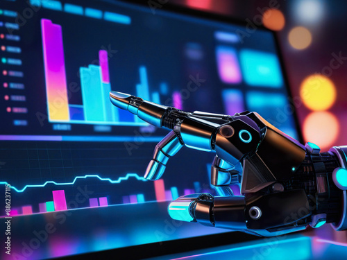 robot with artificial intelligence shows graphs and diagrams, analytics