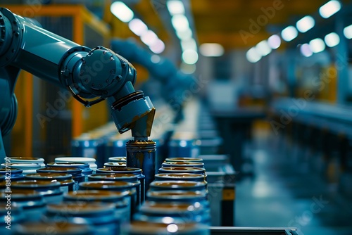 Wallpaper Mural The image should depict a robotic arm evenly applying paint to products on a production line, highlighting reduced material costs and improved coating quality. The background features a modern factory Torontodigital.ca