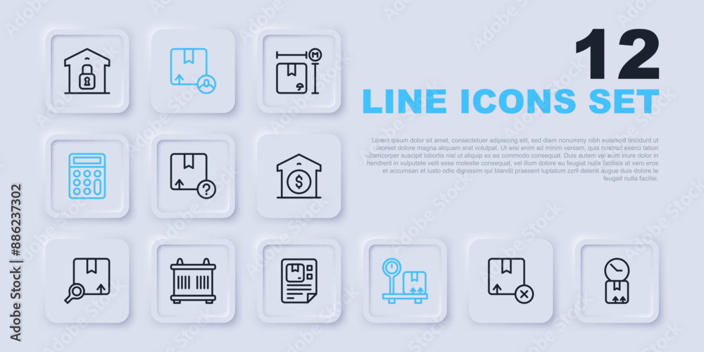 Set line Carton cardboard box, Cardboard with clock, Scale, Calculator, Container, and Waybill icon. Vector Set line Carton cardboard box, Cardboard with clock, Scale, Calculator, Container, and Waybill icon. Vector