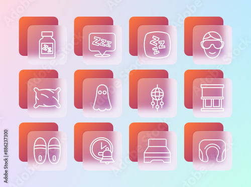 Set line Eye sleep mask, Alarm clock, Dream catcher with feathers, Big bed, Ghost, Sleepy, Sleeping pill and icon. Vector