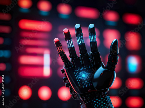 robot with artificial intelligence shows graphs and diagrams, analytics
