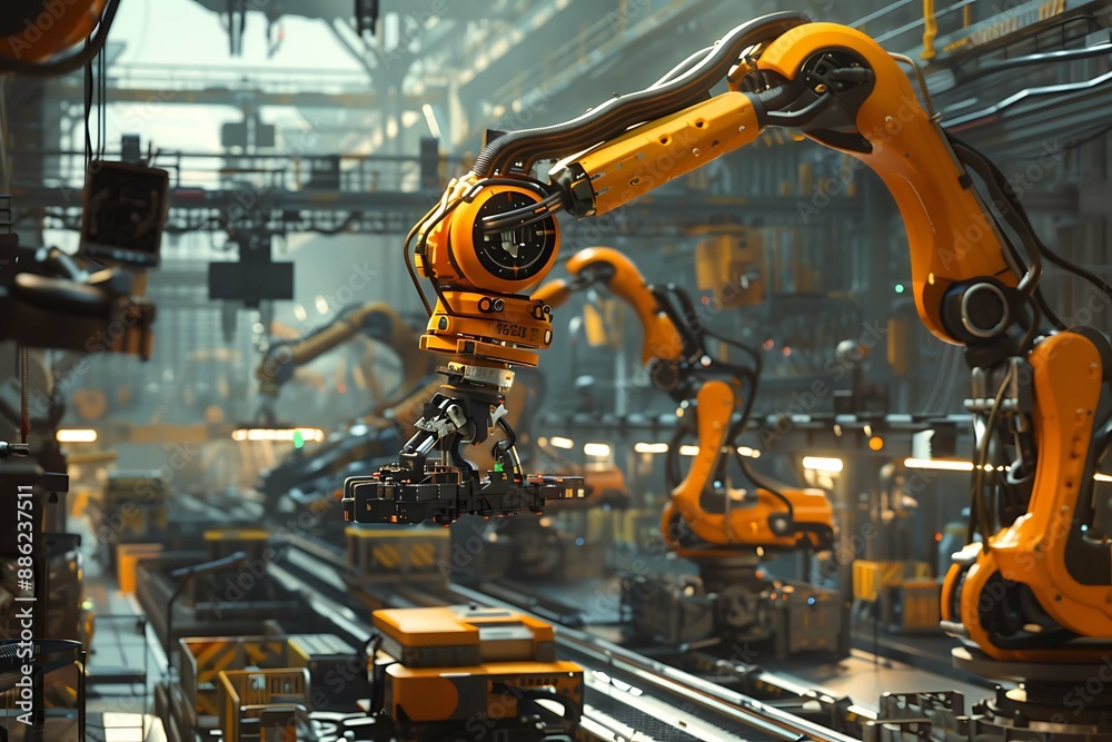 The image should depict a robotic arm evenly applying paint to products on a production line, highlighting reduced material costs and improved coating quality. The background features a modern factory The image should depict a robotic arm evenly applying paint to products on a production line, highlighting reduced material costs and improved coating quality. The background features a modern factory
