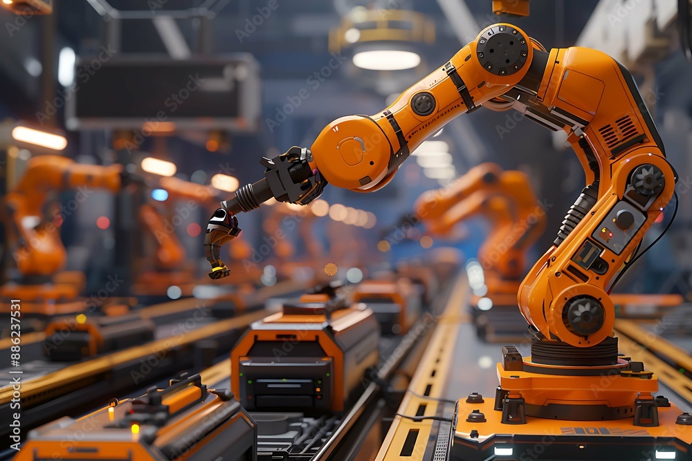 The image should depict a robotic arm evenly applying paint to products on a production line, highlighting reduced material costs and improved coating quality. The background features a modern factory The image should depict a robotic arm evenly applying paint to products on a production line, highlighting reduced material costs and improved coating quality. The background features a modern factory