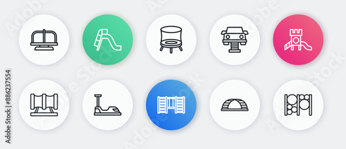 Set line Swedish wall, Slide playground, Kid slide pipe, Monkey bar, Swing car, Jumping trampoline, Playground climbing equipment and Bumper icon. Vector