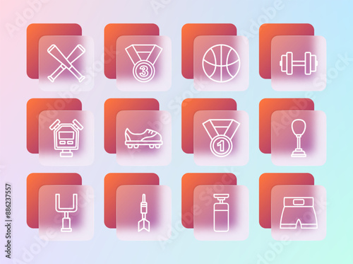 Set line Dumbbell, Dart arrow, Medal, Punching bag, Football shoes, Basketball, Crossed baseball bat and icon. Vector