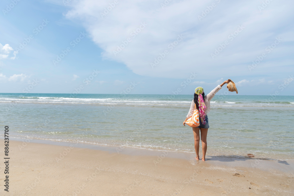 Lifestyle woman and relax chill on beach background. Travel summer vacations, copy space for banner.Summer vacations Lifestyle woman and relax chill on beach background. Travel summer vacations, copy space for banner.Summer vacations