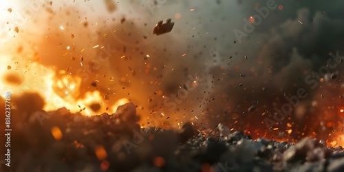 Fototapeta Naklejka Na Ścianę i Meble -  Soldier crashes spaceship in intense sci-fi battle amidst fiery chaos. Concept Sci-Fi Battle, Intense Action, Soldier vs Spaceship, Fiery Chaos, Crashed Ship