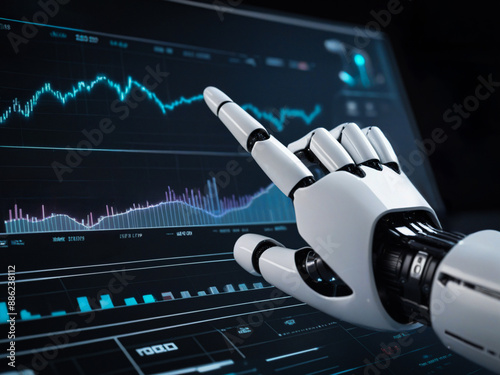 robotic hand points to graph, diagram. artificial intelligence analysis, neural network statistics concept