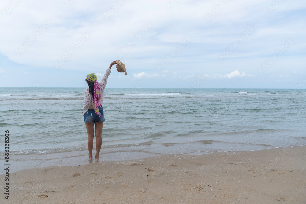 Lifestyle woman and relax chill on beach background. Travel summer vacations, copy space for banner.Summer vacations Lifestyle woman and relax chill on beach background. Travel summer vacations, copy space for banner.Summer vacations