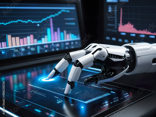 robotic hand points to graph, diagram. artificial intelligence analysis, neural network statistics concept