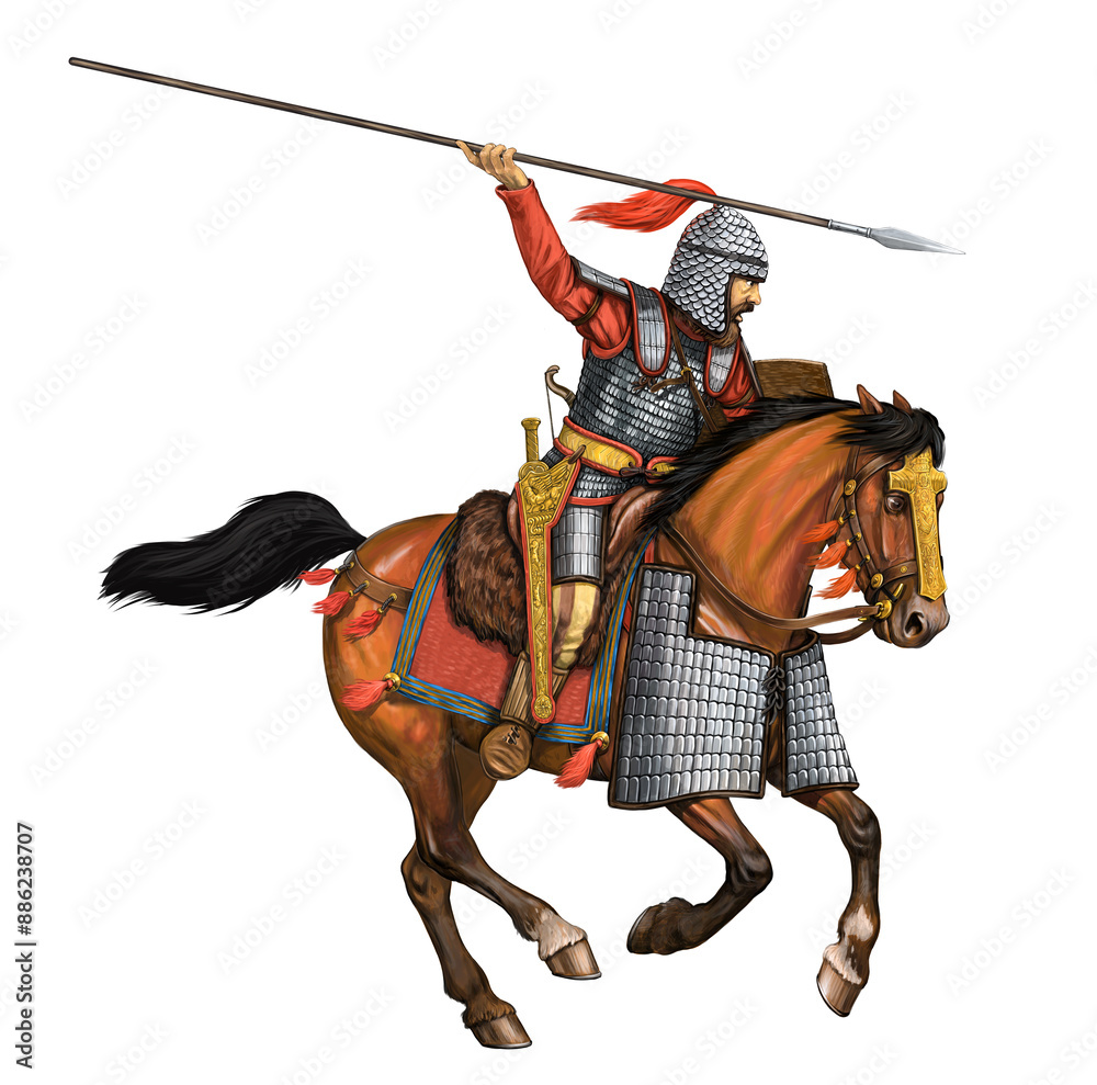 Scythian mounted warrior on attack. Historical illustration. Ancient rider. Scythian mounted warrior on attack. Historical illustration. Ancient rider.