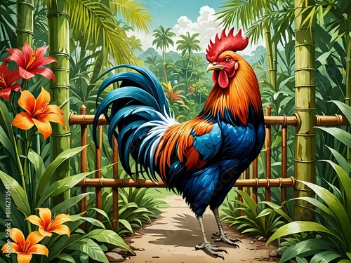 Wallpaper Mural A colorful rooster standing in a bamboo forest with palm trees and lilies. Torontodigital.ca