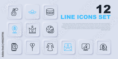 Set line Woman shoe, 8 March in speech bubble, King crown, Envelope with, Balloons, Elegant women hat and dress icon. Vector