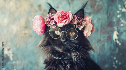 Gorgeous fluffy black cat wearing round glasses and beautiful floral crown of peony and lilac flowers. Dark moody animal portrait poster.