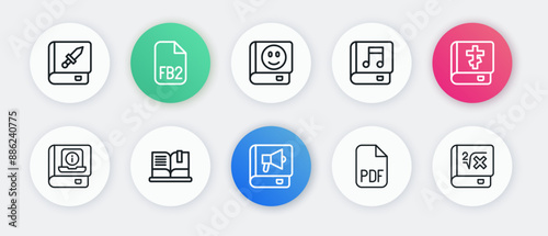 Set line Book, Holy bible book, User manual, PDF file document, Audio, with mathematics and Open icon. Vector