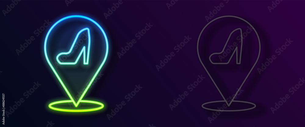 Fototapeta premium Glowing neon line Woman shoe with high heel icon isolated on black background. Vector
