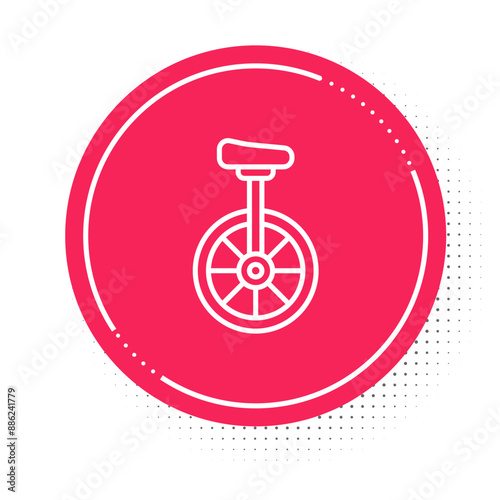 White line Unicycle or one wheel bicycle icon isolated on white background. Monowheel bicycle. Red circle button. Vector