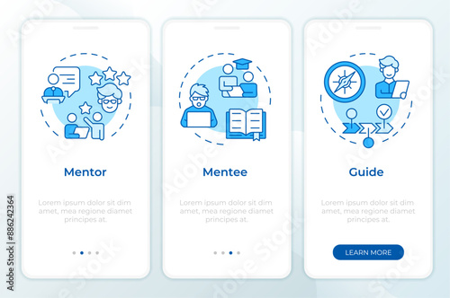 Mentor-mentee relationship blue onboarding mobile app screen. Walkthrough 3 steps editable graphic instructions with linear concepts. UI, UX, GUI template. Montserrat SemiBold, Regular fonts used