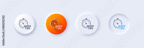 Quick tips line icon. Neumorphic, Orange gradient, 3d pin buttons. Helpful tricks sign. Tutorials with timer symbol. Line icons. Neumorphic buttons with outline signs. Vector